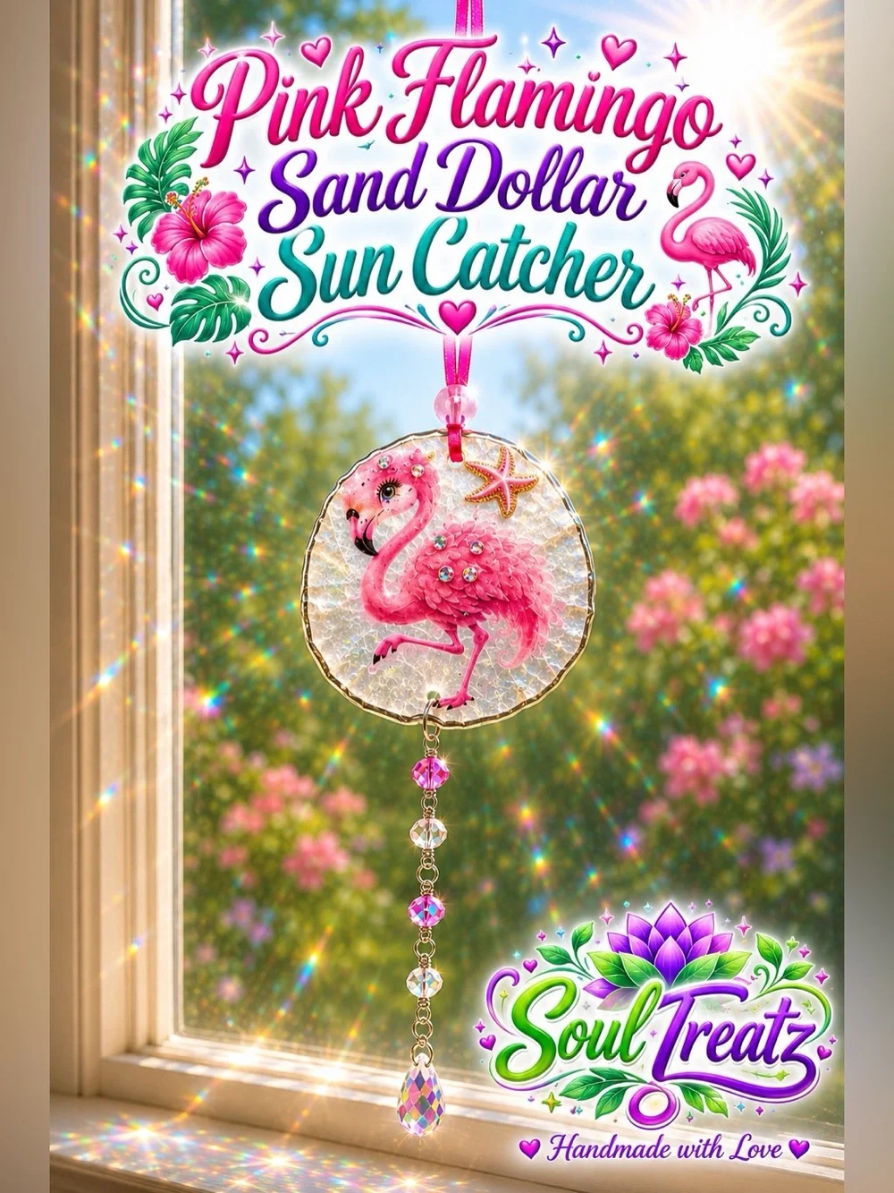 Pink Flamingo Decoupage Sand Dollar Crystal Sun Catcher
